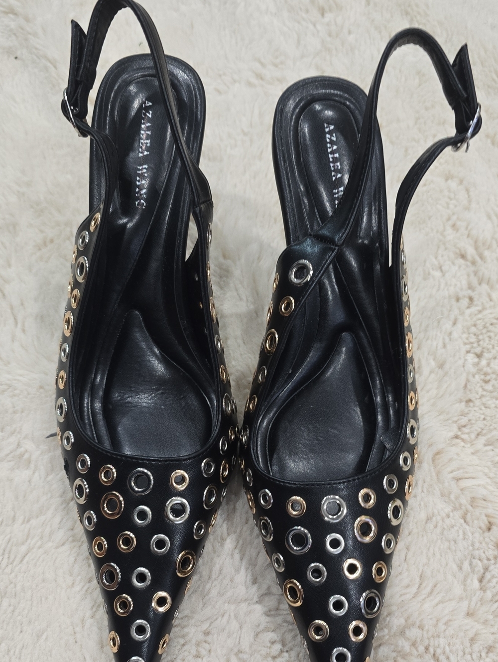 Black Slingback Pointed Heels with Metallic Eyelet Detail